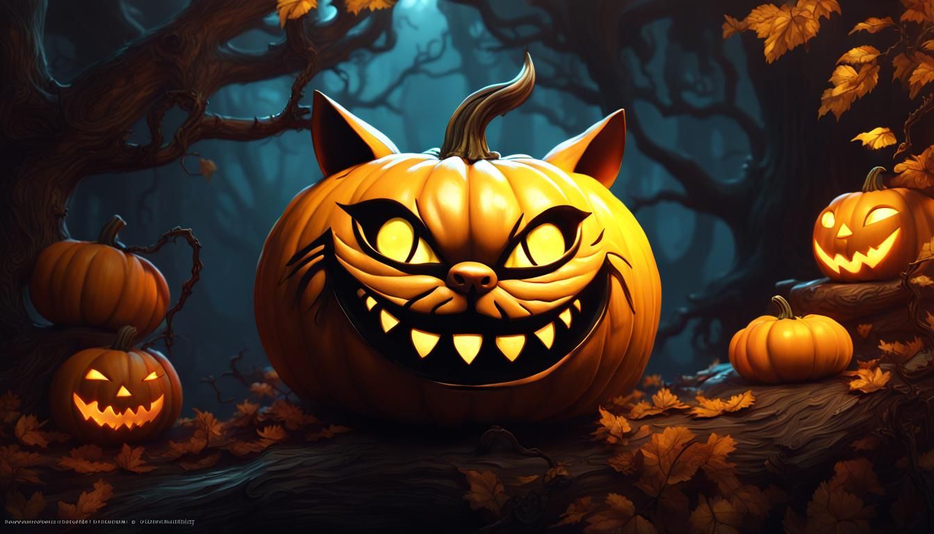 Cheshire Cat Halloween Pumpkin, Dark Fantasy Concept Art