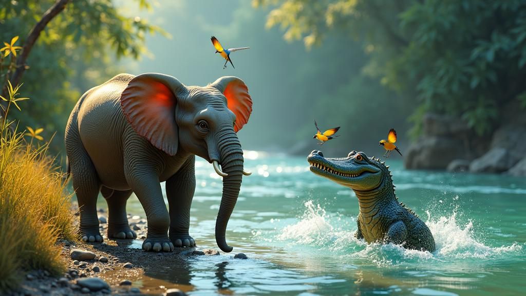 Elephant and Crocodile in Lush Jungle Setting