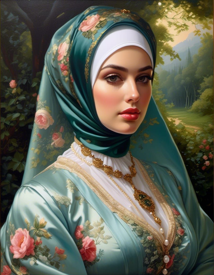 Beautiful Woman in Hijab in Mystic Forest Painting