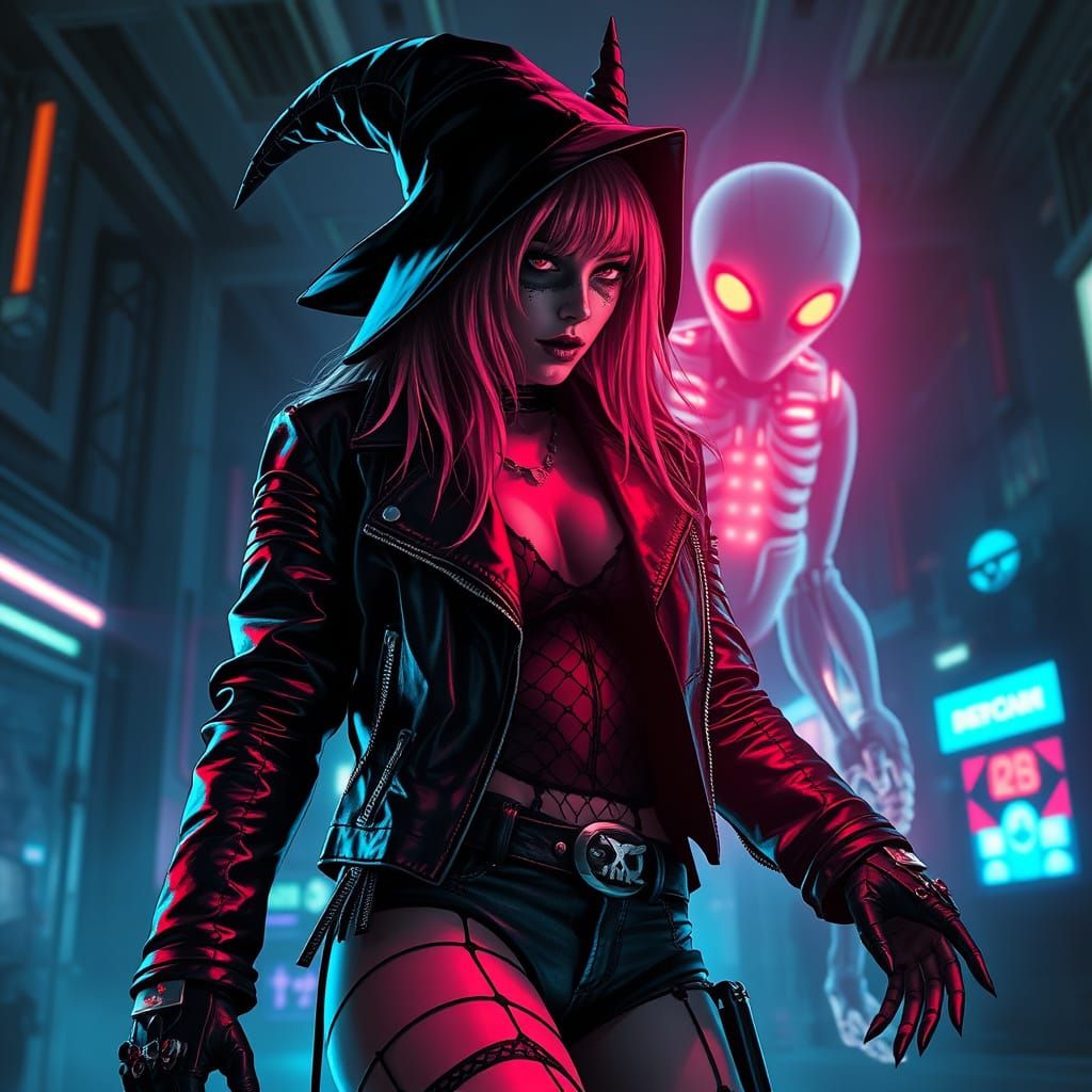 Cyberpunk Witch Summons Robot Ghost in Neon Lights