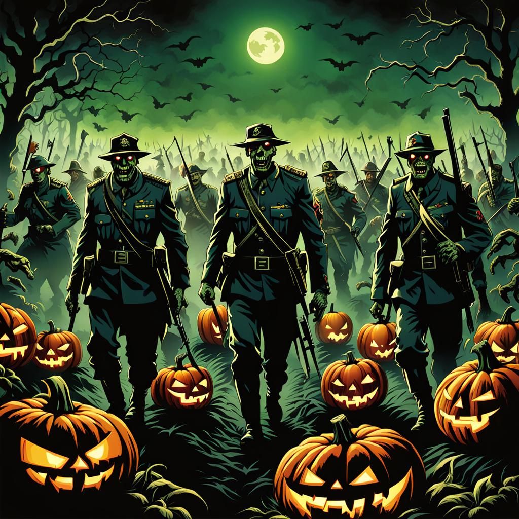 Zombie Army Marching Through Moonlit Pumpkin Patch
