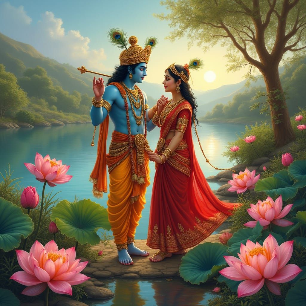 Radha and Krishna by Yamuna River in Magical Realism