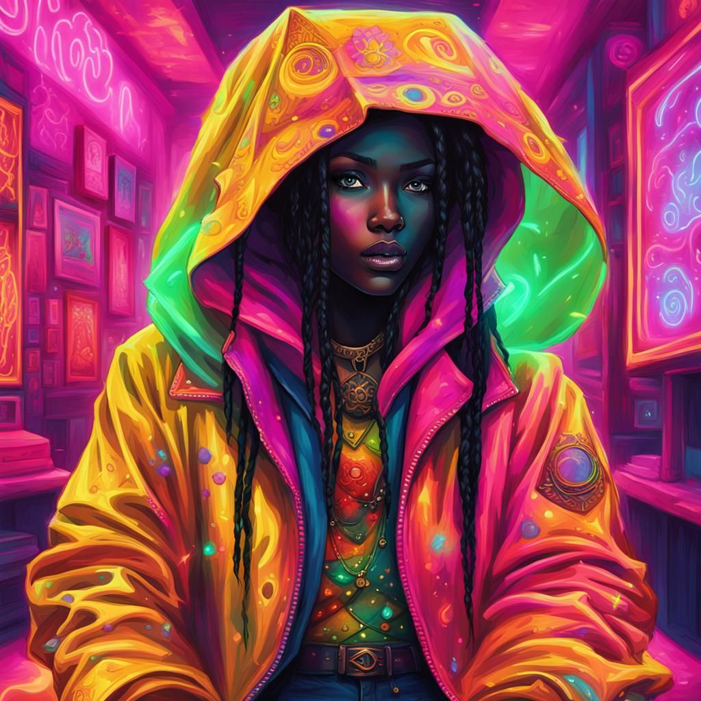 Neon Tattoo Shop Girl in Cyberpunk Style