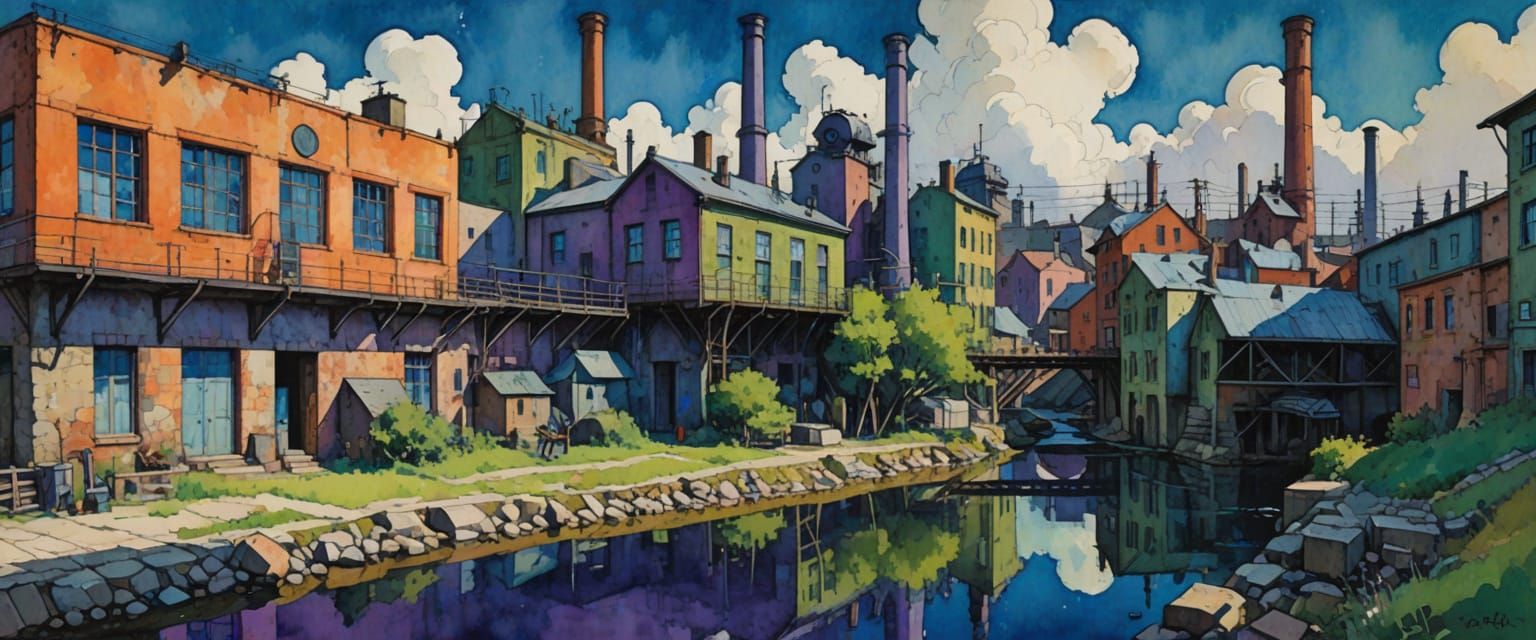 Industrial District in Impressionistic Gouache Style
