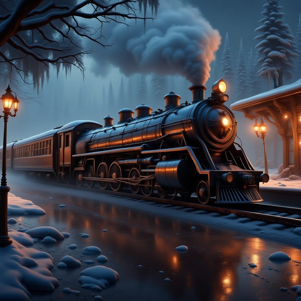 Whimsical Winter Train in Hyperrealistic Style