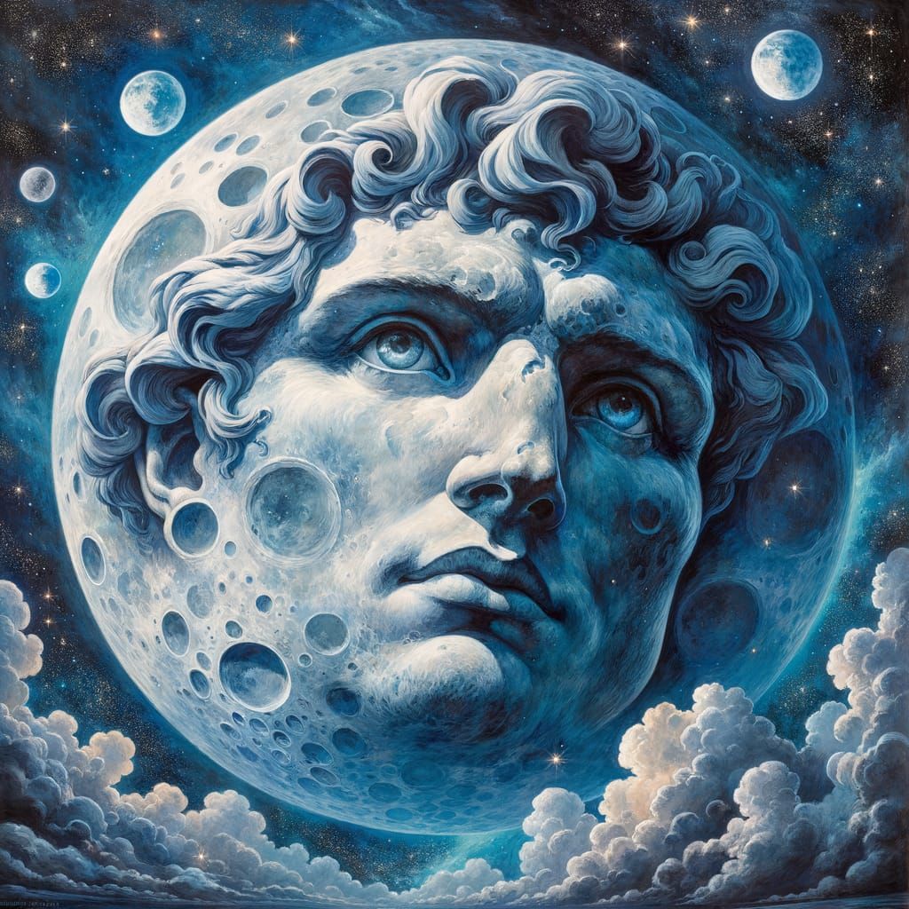 Giant Moon with Man's Face in Romantic Style