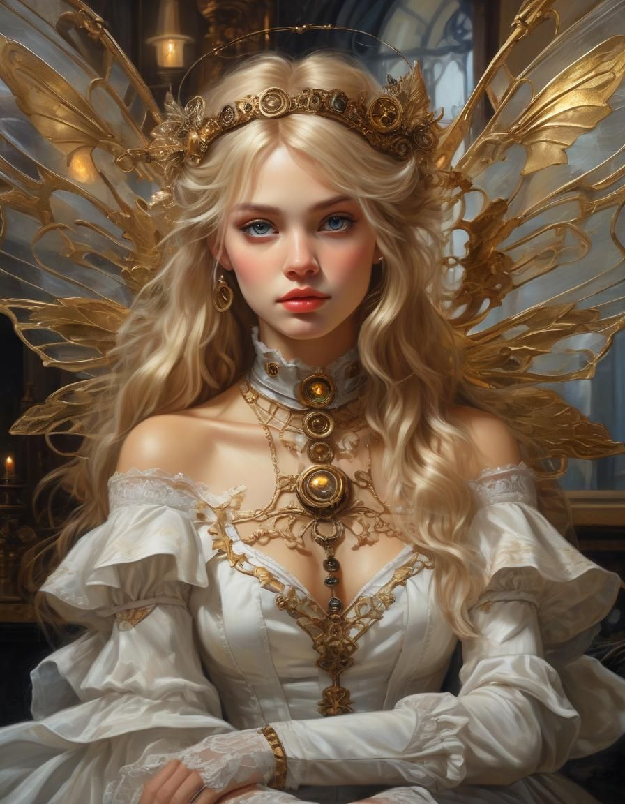 Steampunk Fairy in Victorian Room, Oil Painting