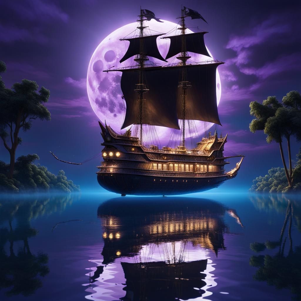 Winged Pirate Airship Under the Moonlight