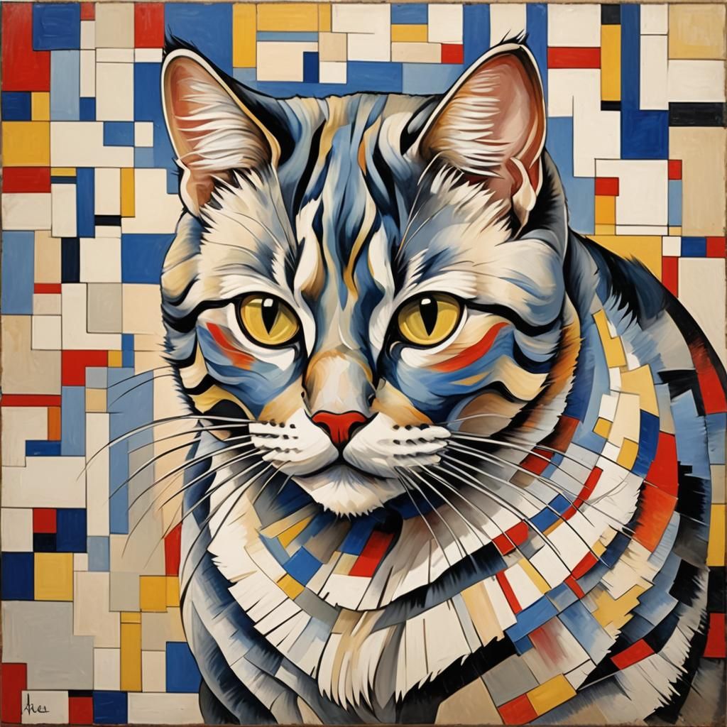 Abstract Mondrian Cat with Colorful Stripes