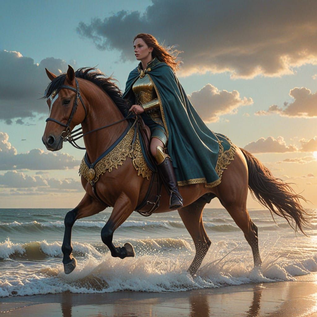 Epic Amazonian Queen Rides Majestic Horses on Sunset Beach i...