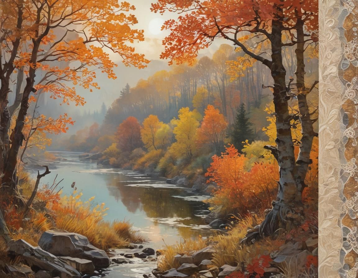 Autumn Morning Valley in Mixed Media Collage Style