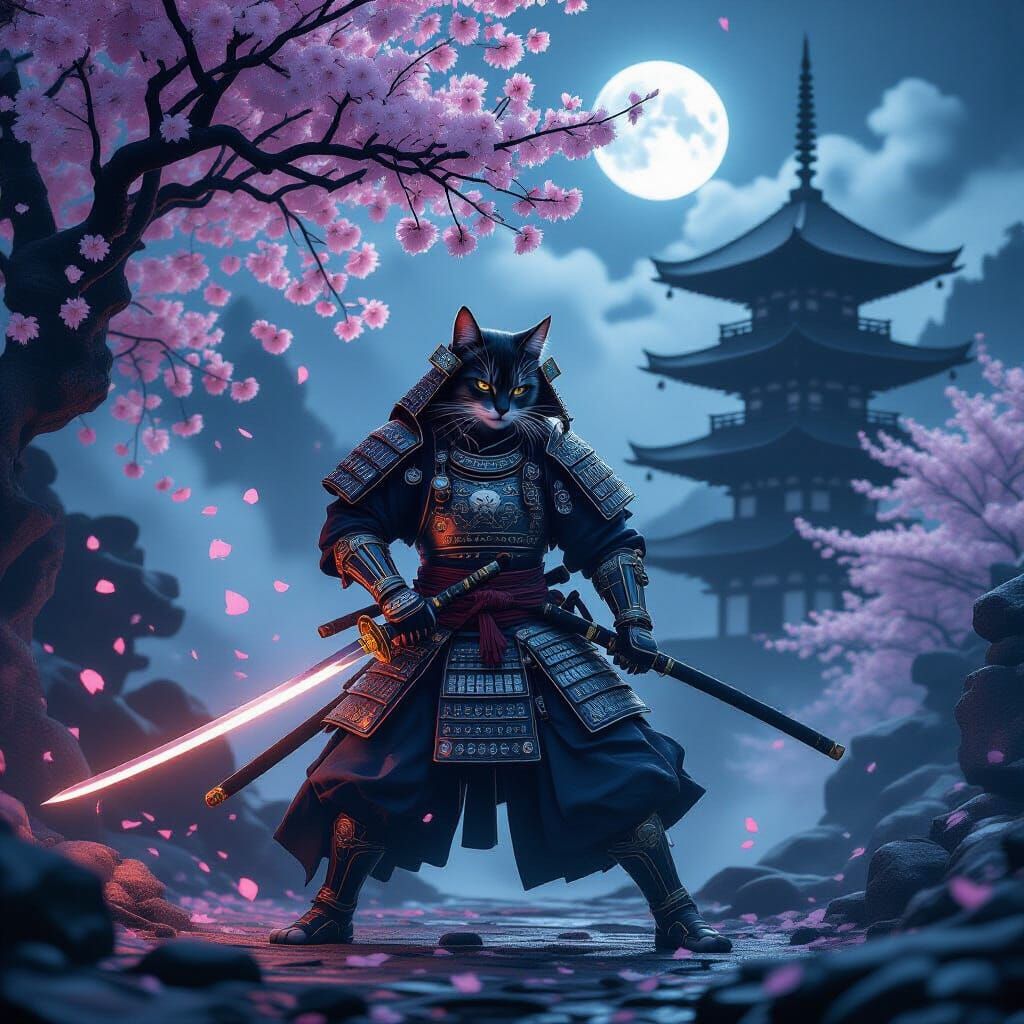 Samurai Cat Warrior in Moonlit Blossom Grove