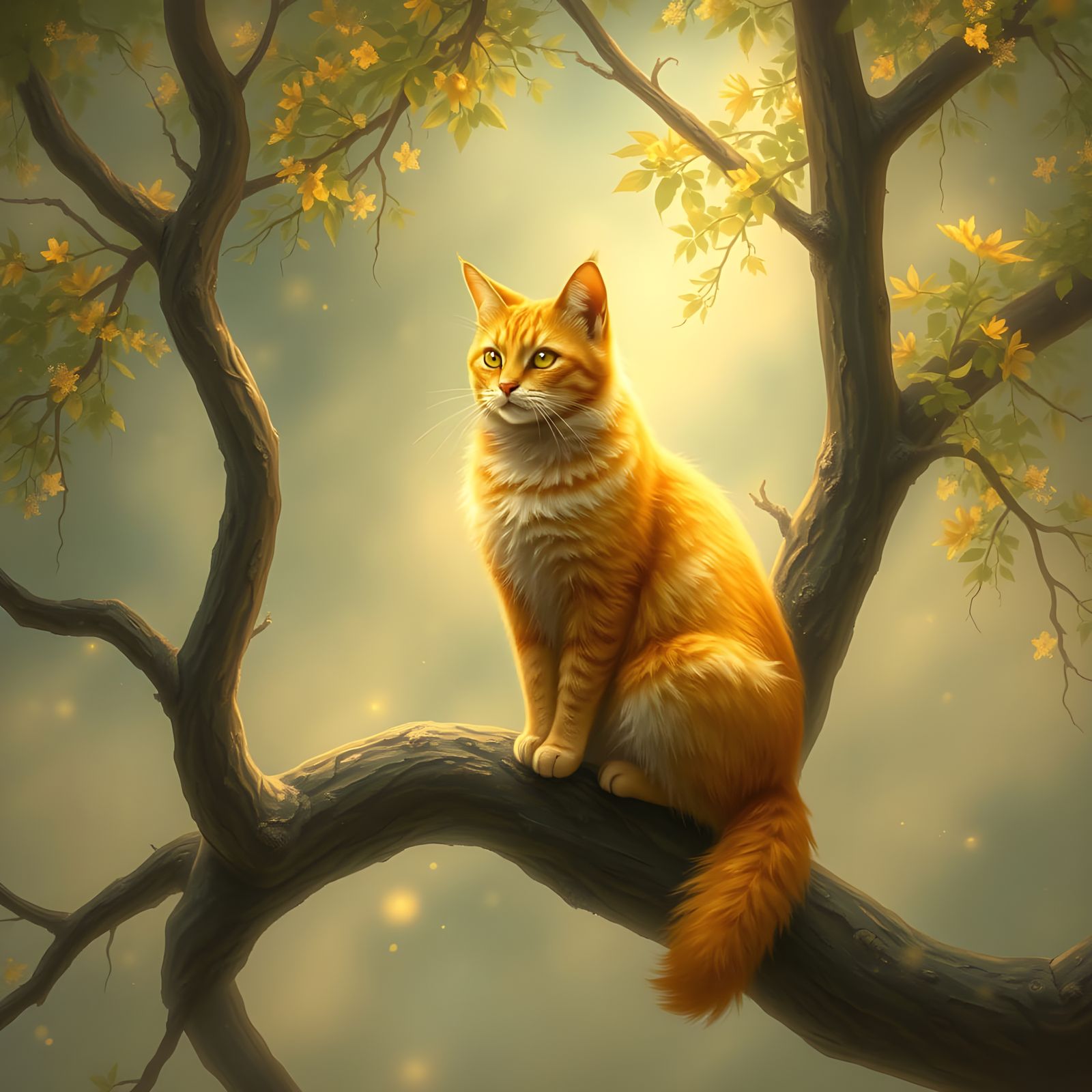 Ethereal Golden Cat in Fantasy Landscape