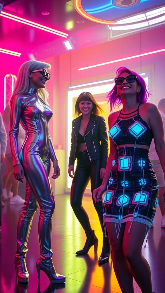 Nightclub Scene with Three Women in Cyberpunk Style