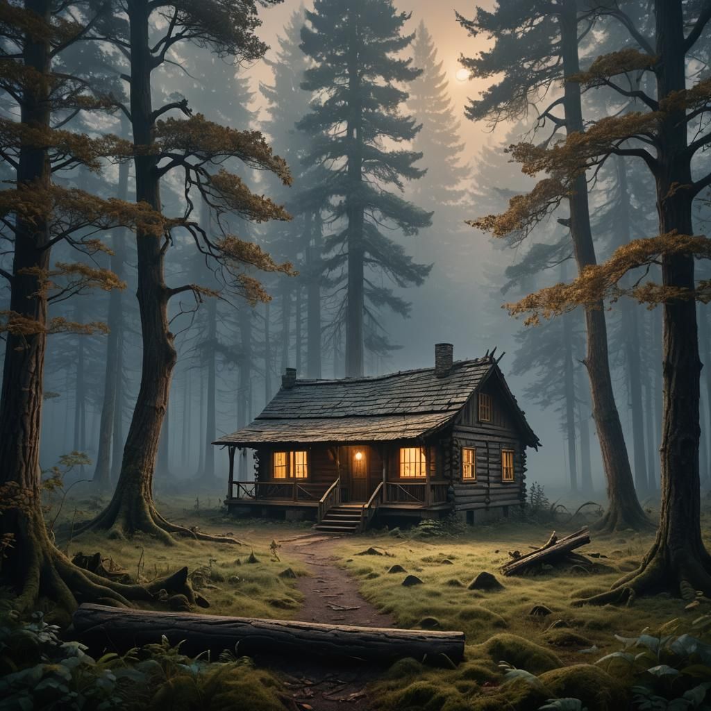 Mysterious Cabin in Foggy Forest: Fantasy Matte Painting