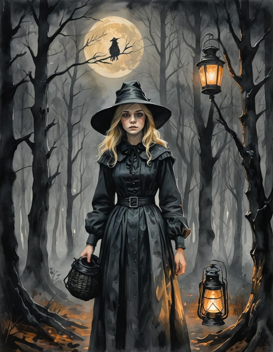 Eerie Puritan Teen in Smoky Forest, Gouache Style