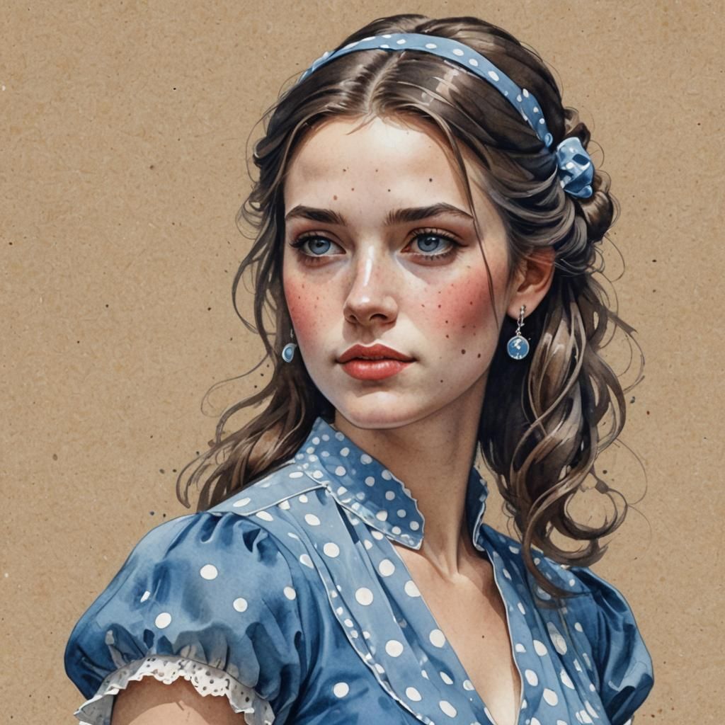 Girl in Blue Dress: Detailed Watercolor Sketch