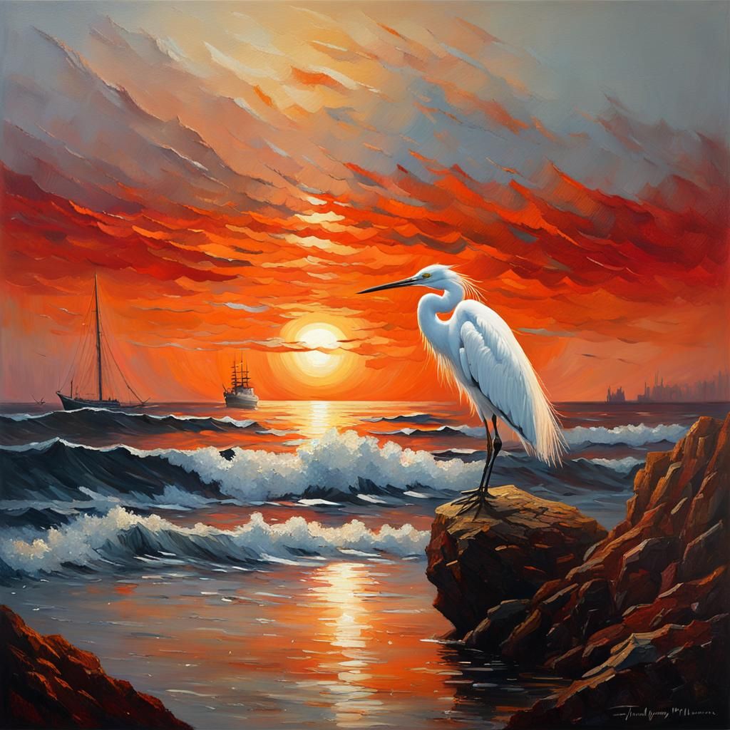 Snowy Egret in Impasto Sunset Coastal Scene