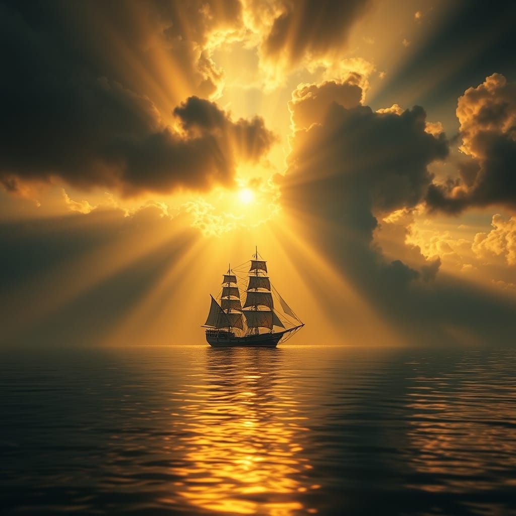 Pirate Ship on Calm Waters at Sunset