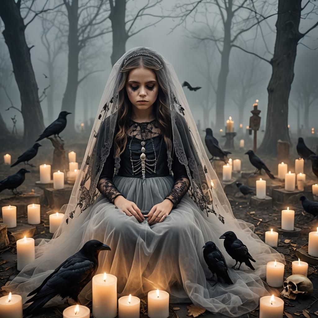 Peaceful Child with Skulls, Tulle and Crows