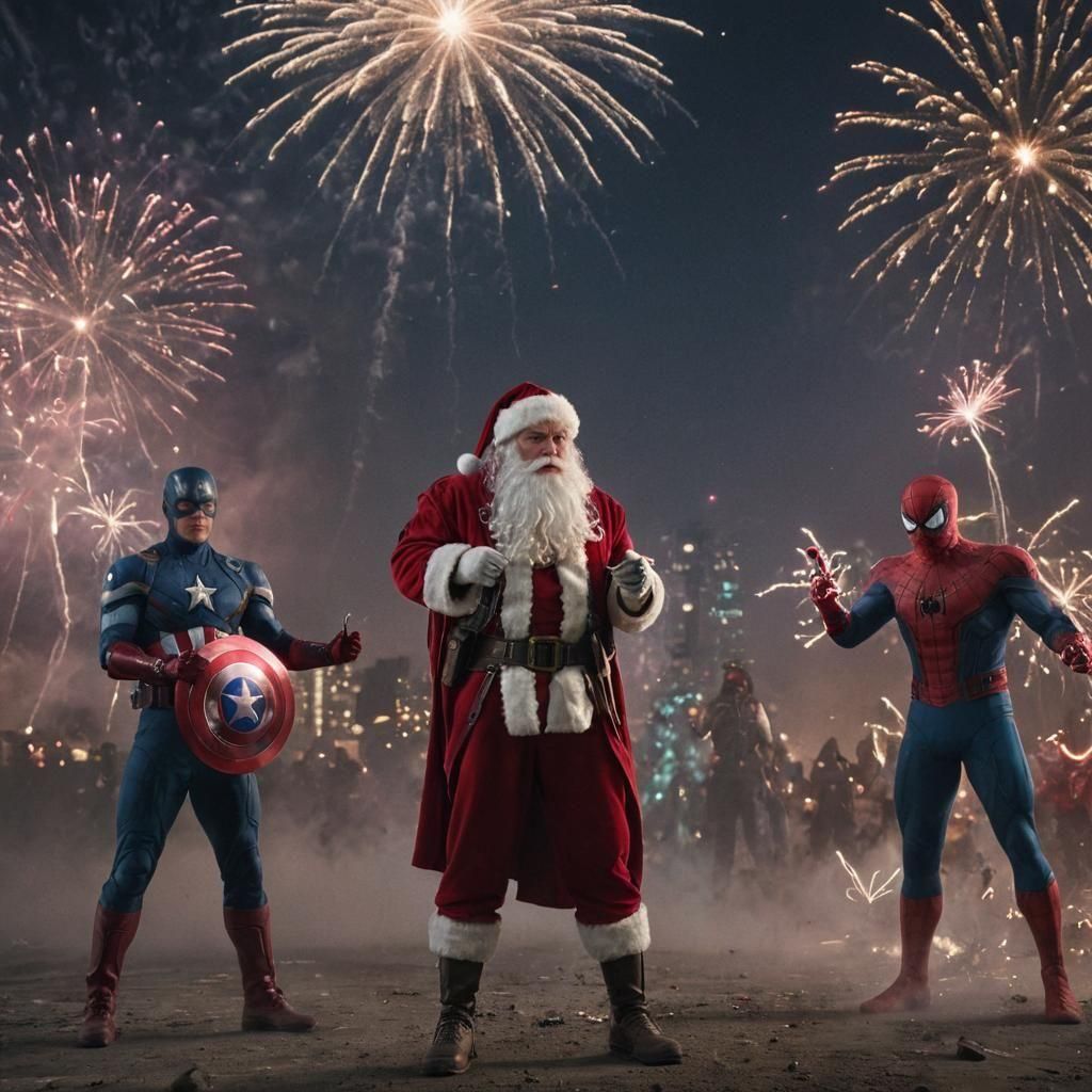 Santa with Superheroes Celebrate New Year