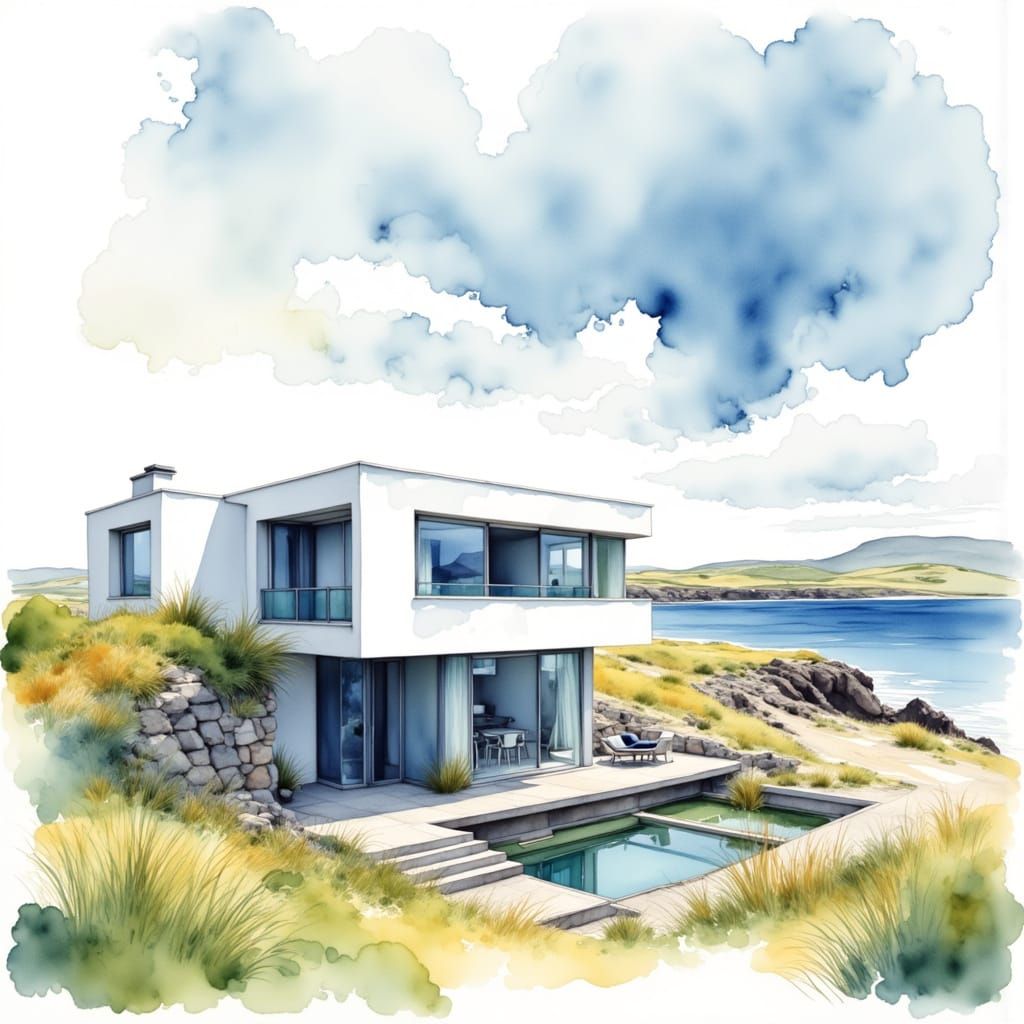 Modernist Cube House on Irish Coastline in Watercolour