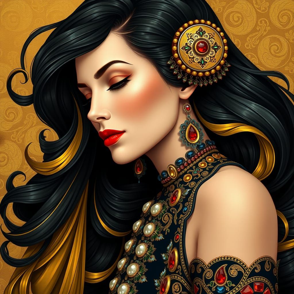 a beautiful woman, long swirling hair, gold and gems, Intricate detail, Bold colors, Art by Tamara de Lempicka, Fine Art...