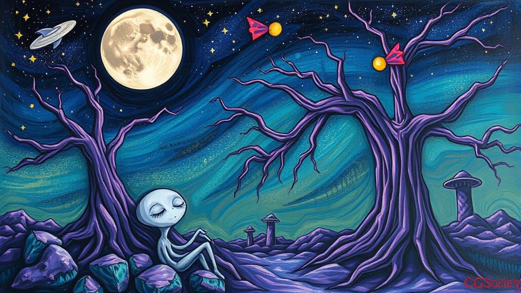 Gray Alien Sleeps Under Purple Tree, UFO Watches