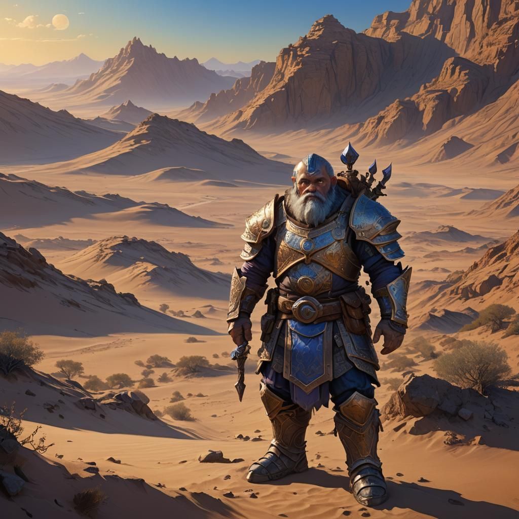 Dwarf Wanderer in Barren Desert Landscape