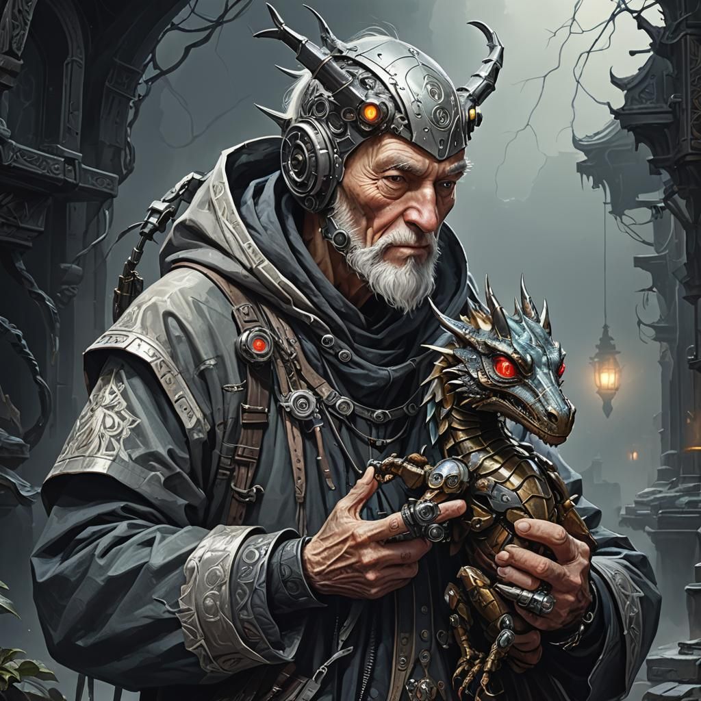 Old Man and Cyborg Dragon in Dark Fantasy Style
