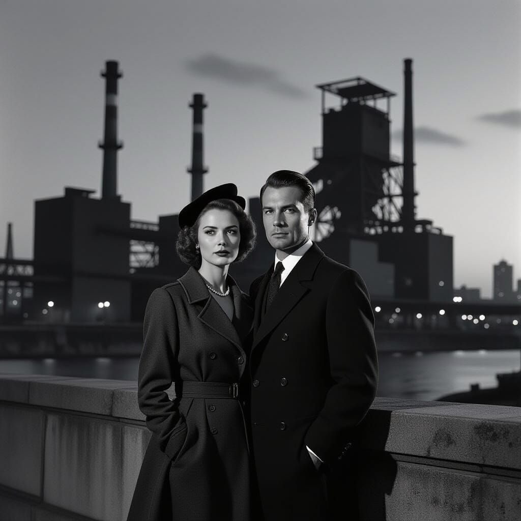 Vintage Couple in Metallic Palette Before Industrial Citysca...