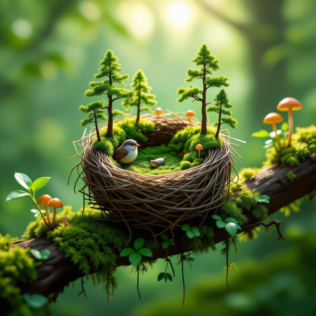 Miniature Forest Bird's Nest: Hyperrealistic Fantasy Scene
