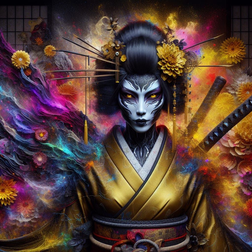 Geisha Warrior with Dissolving Tattoo in Hyper-Realism