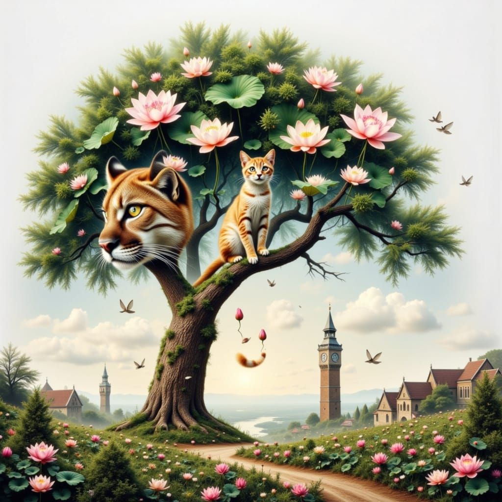 Surreal Double Exposure: Mouse, Cat, and Village