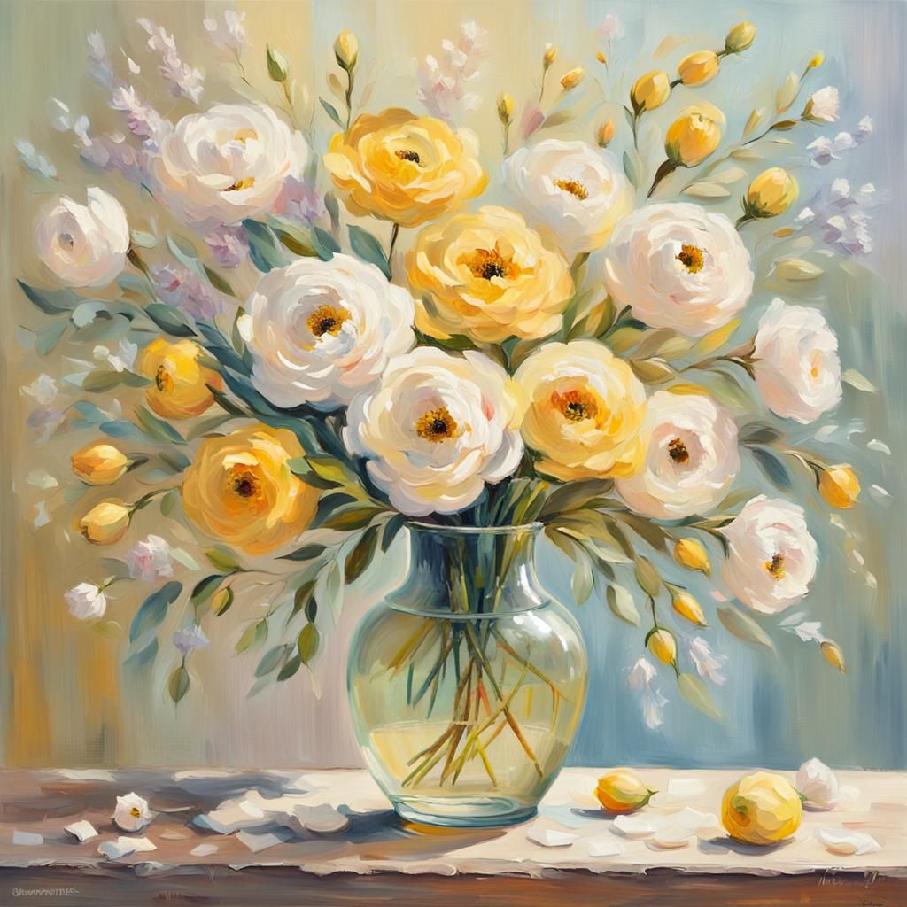 Impressionist Oil Painting of Fresh Flowers in Vase