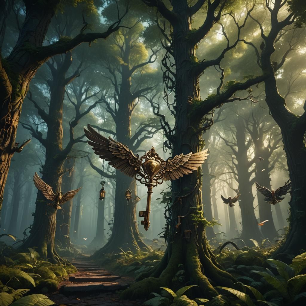 Winged Keys Flight in a Dimly Lit Forest