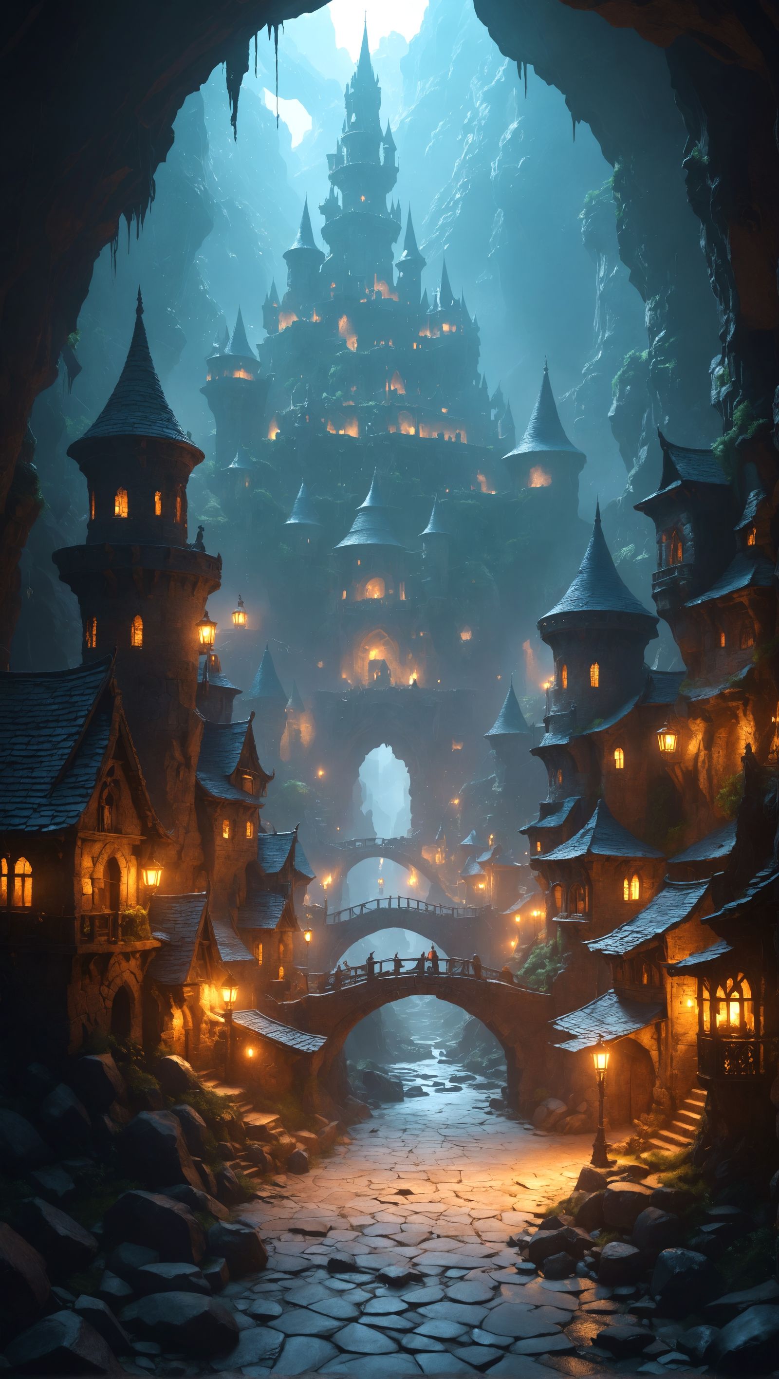 Dragon Kingdom in Cavern with Magical Lights