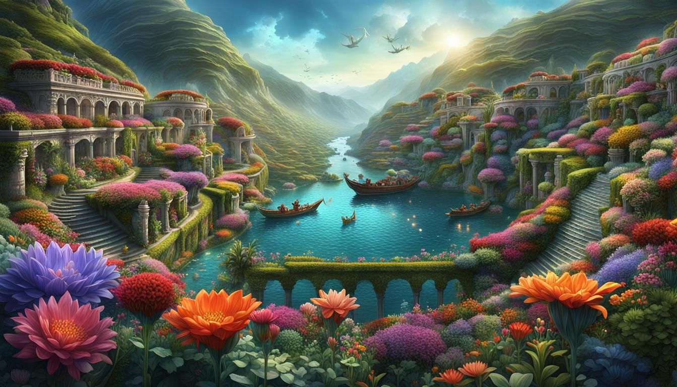 Terraced Gardens of Alien Flowers on Exoplanetary City