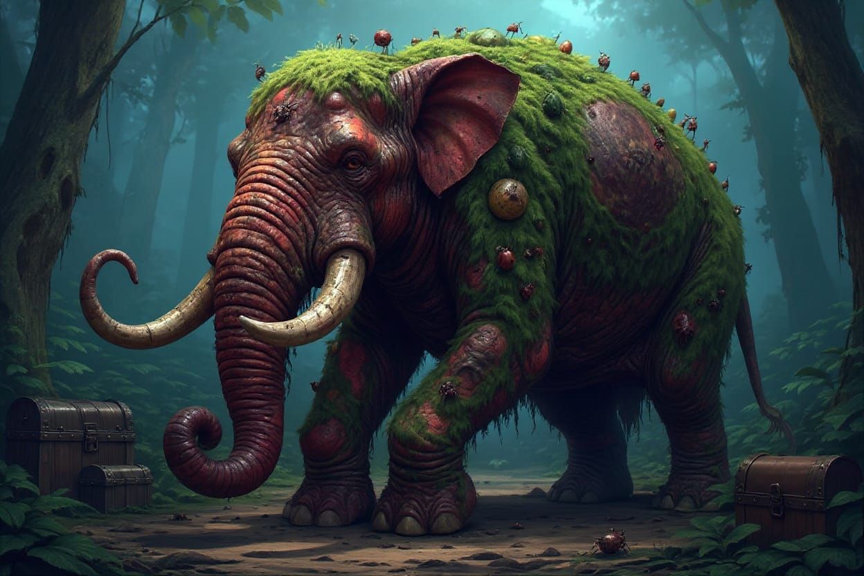 Giger-Inspired Elephant of Rotting Fruit and Fungus