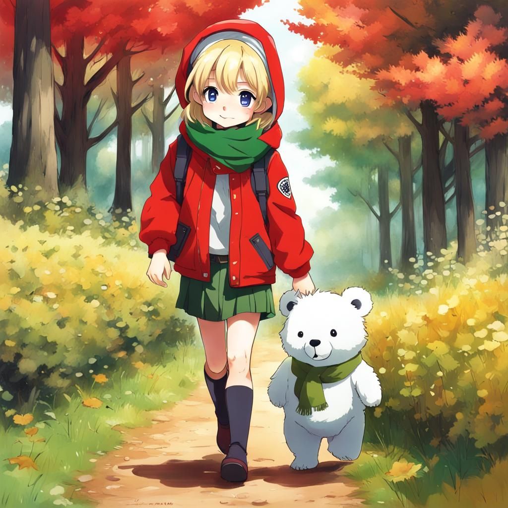 Adorable Tween and Baby Bear in Anime Style