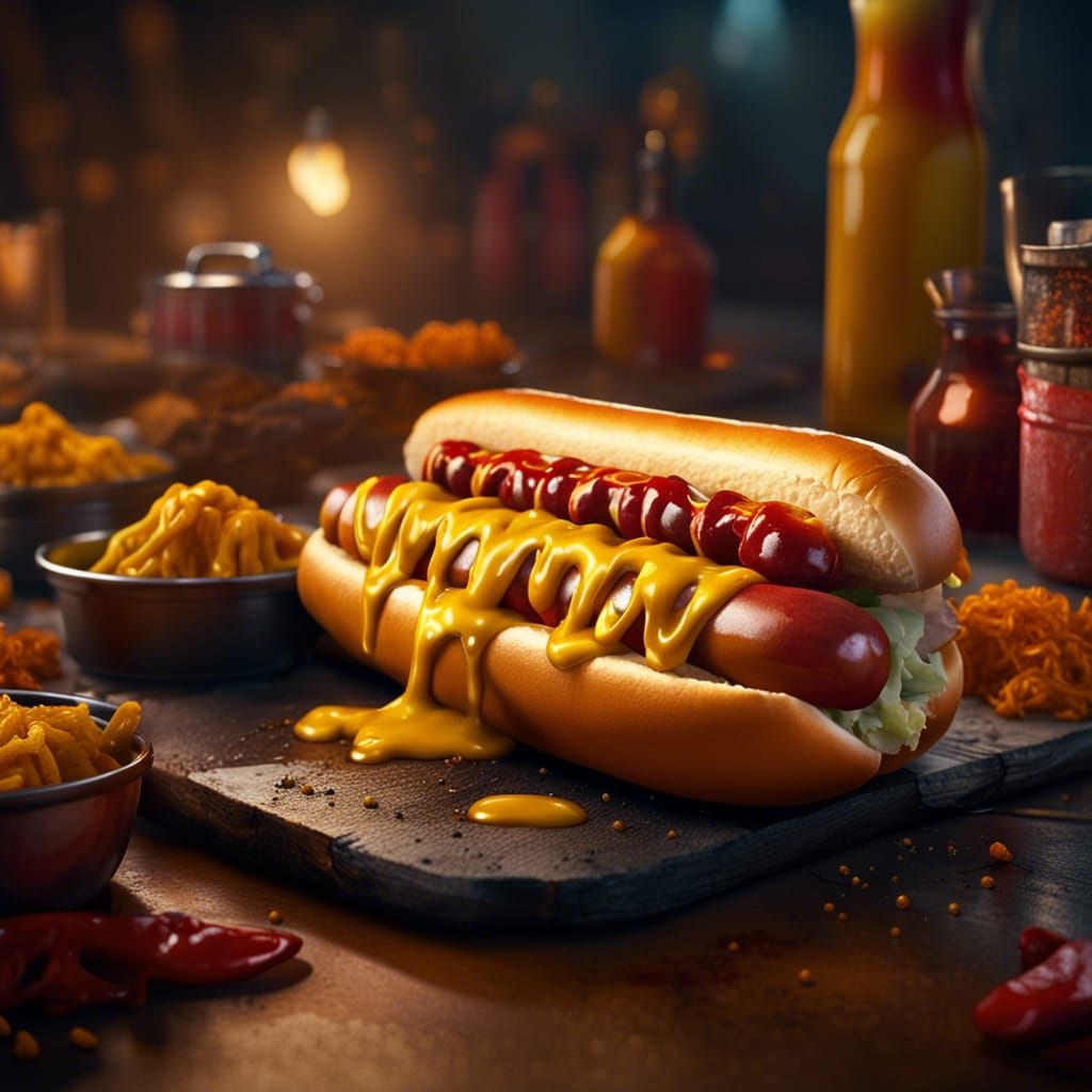 Delicious Hot Dog with Mustard, Matte Painting Style