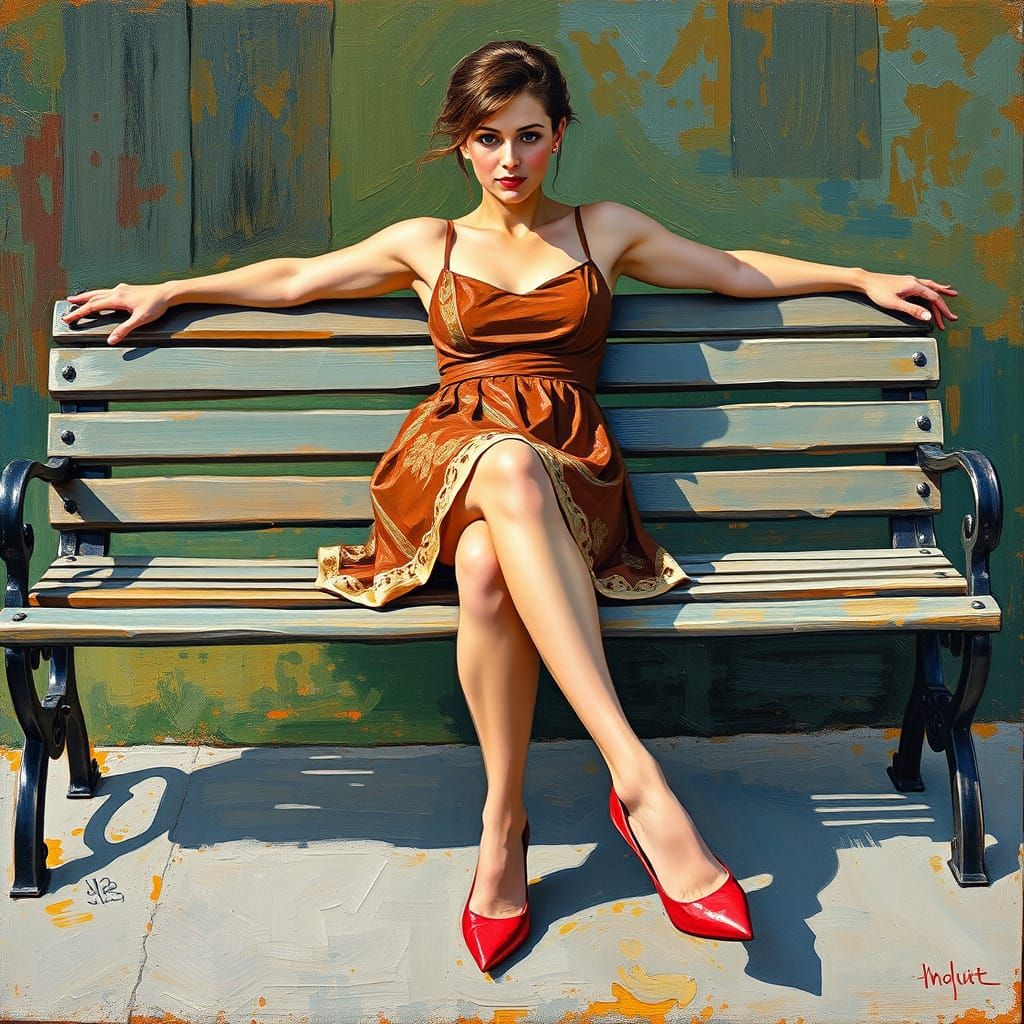 Woman on Bench: Neo-Impressionist Impasto Oil Painting