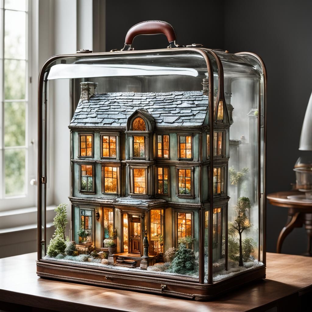 Miniature House Inside a Glass Suitcase