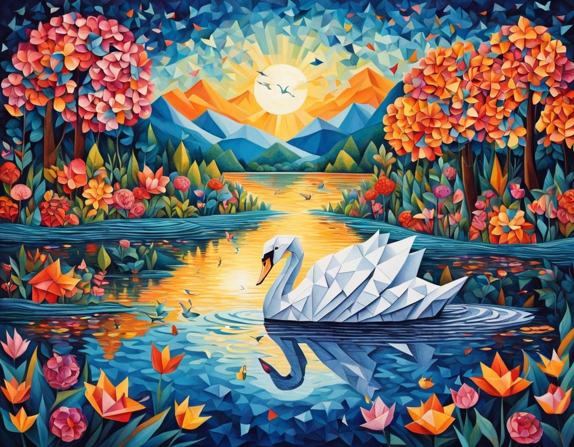 Origami Swan Glides on Lake at Golden Hour