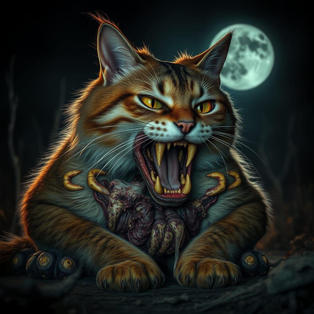 Morbidly Obese Zombie Feline in Dark, Eerie Atmosphere
