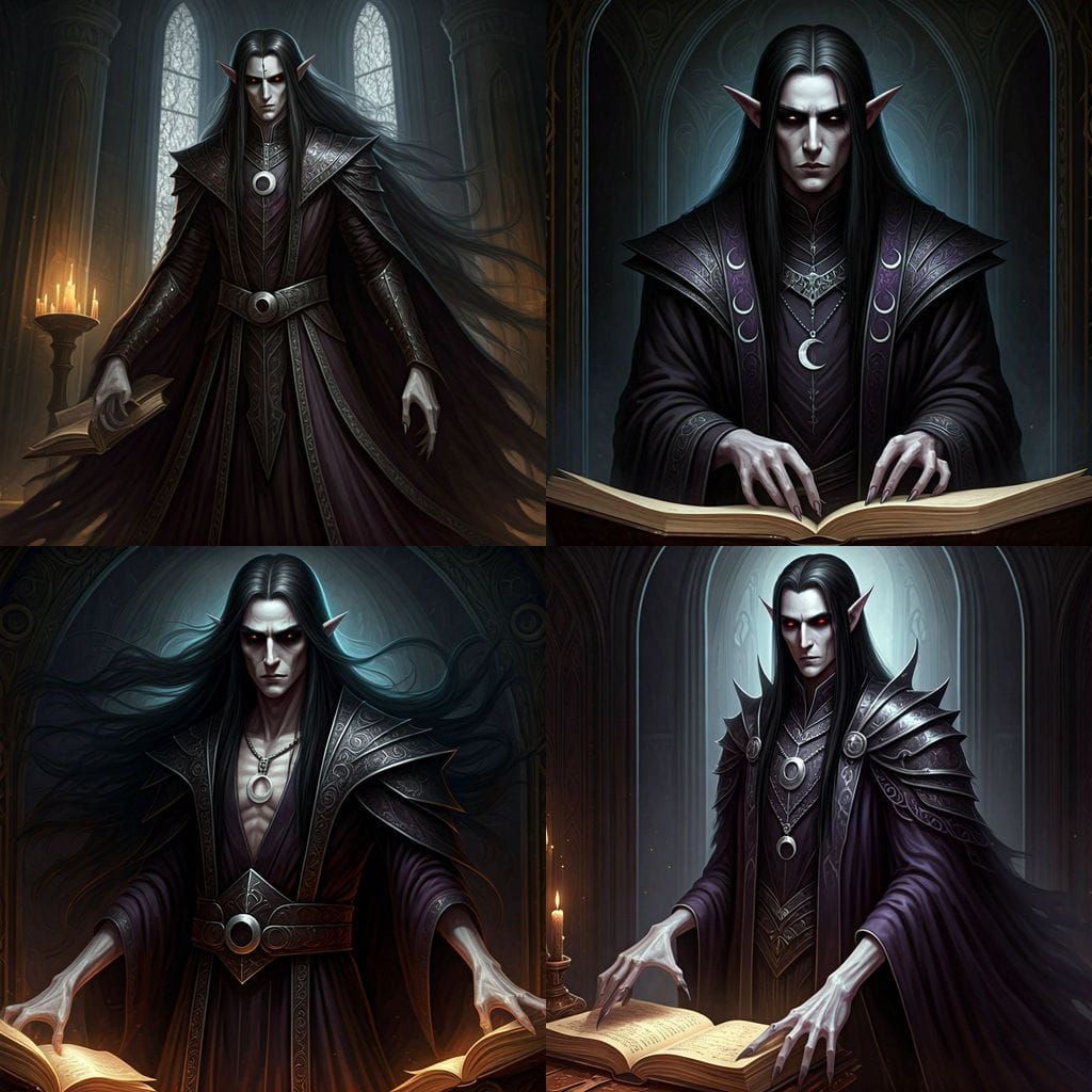 Gaunt Elf Eryndor in Moonlit Temple, Black Eyes