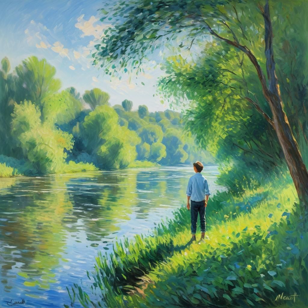 Impressionist Boy by River in Sunlight