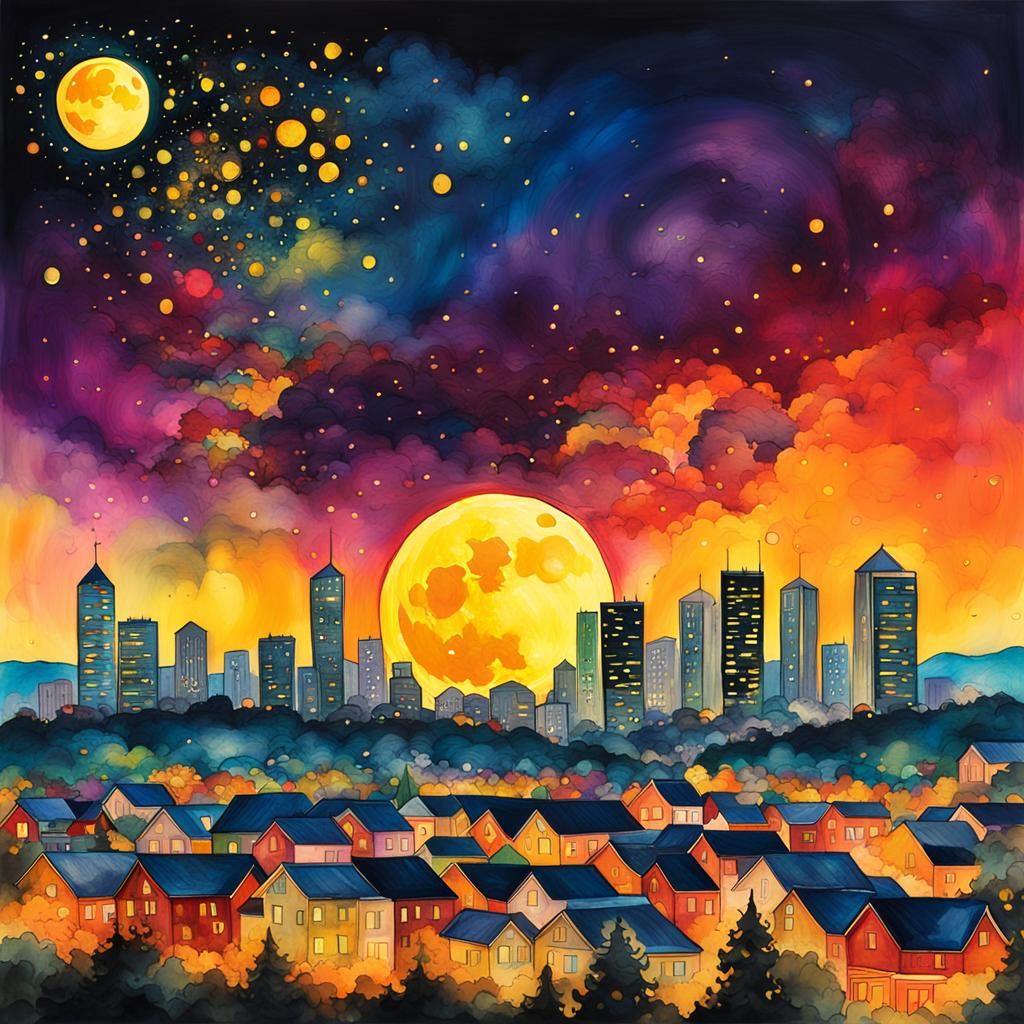 Giant Super Moon Over Glowing Cityscape