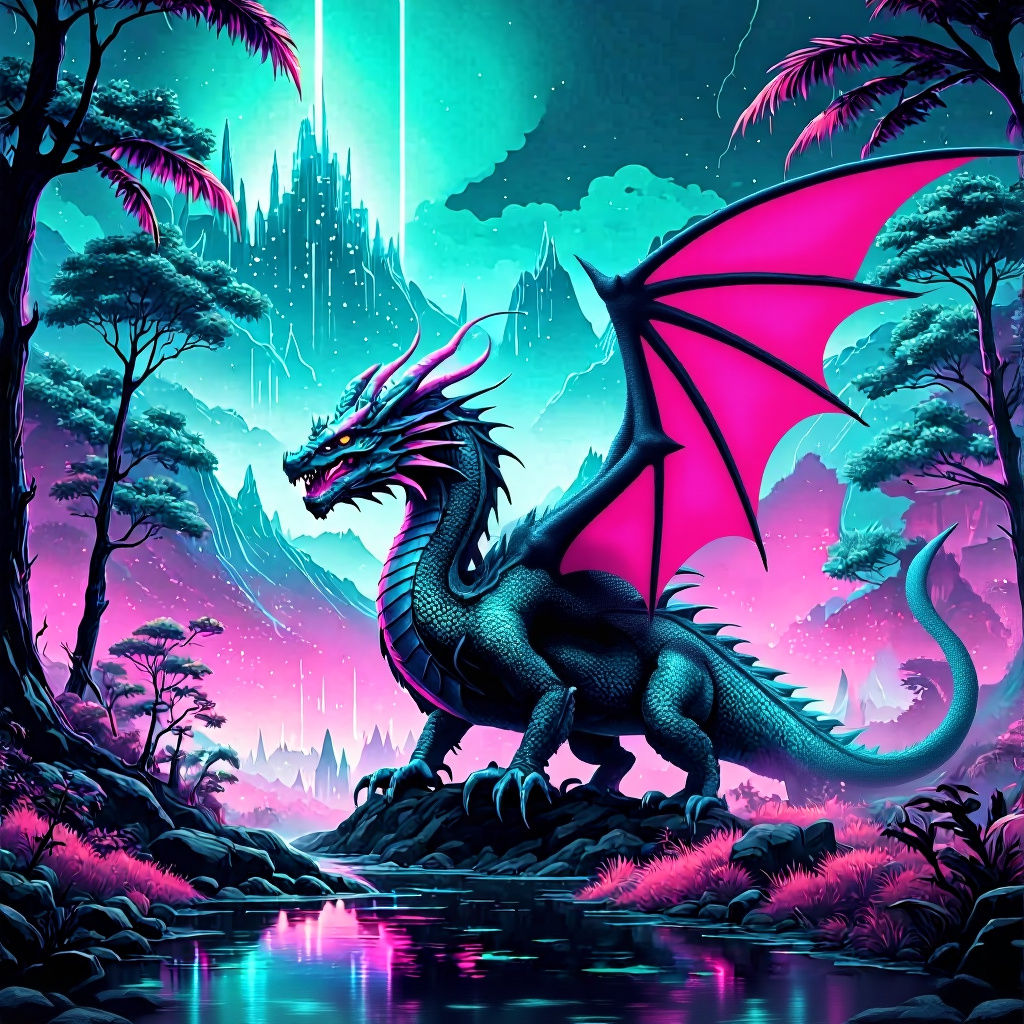 Turquoise Dragon Breathing Mist in Synthwave Landscape