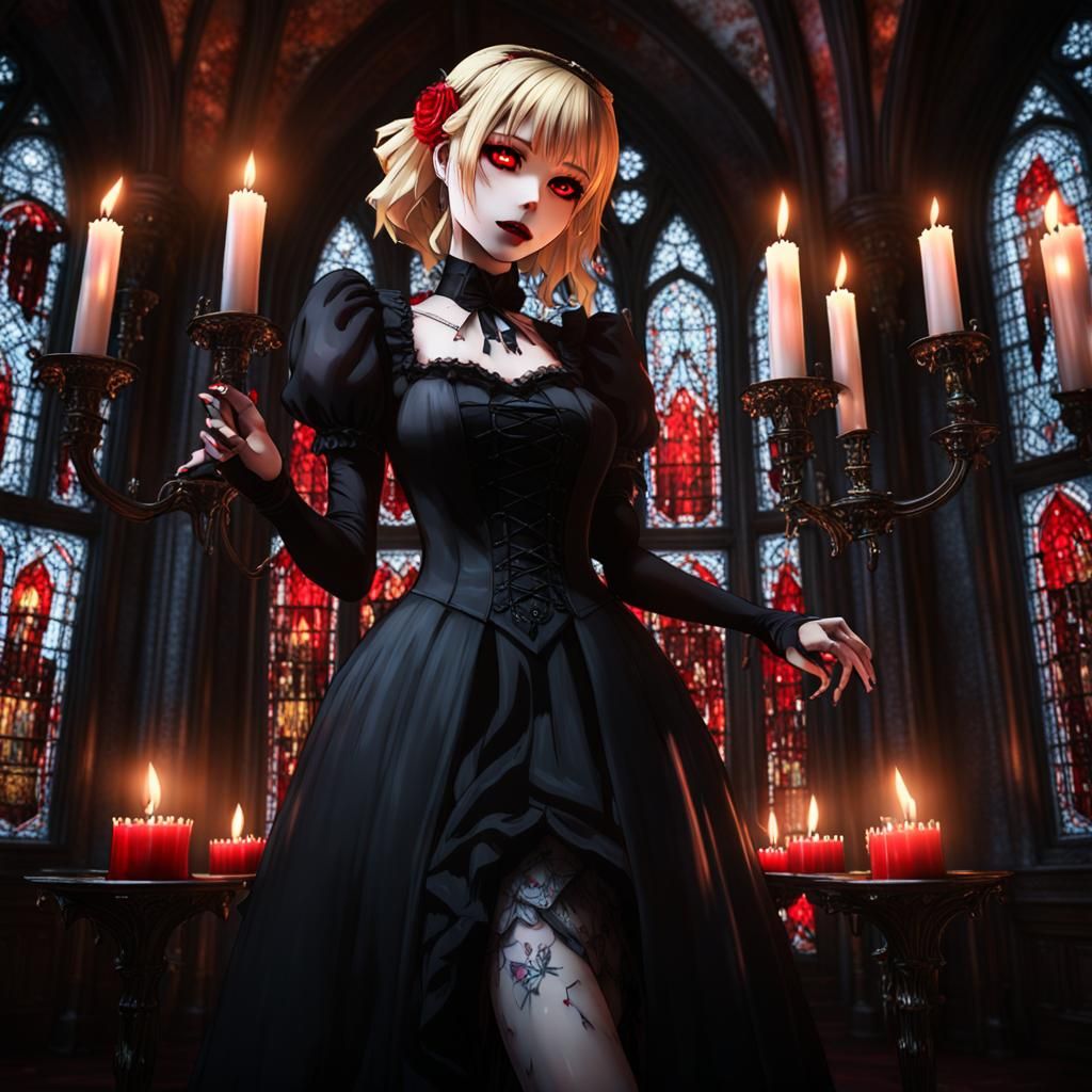 Gothic Anime Vampire Girl in Haunted House